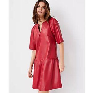 ANN TAYLOR Faux Leather Peplum Dress Split Neck Beaming Blush Red Size 8